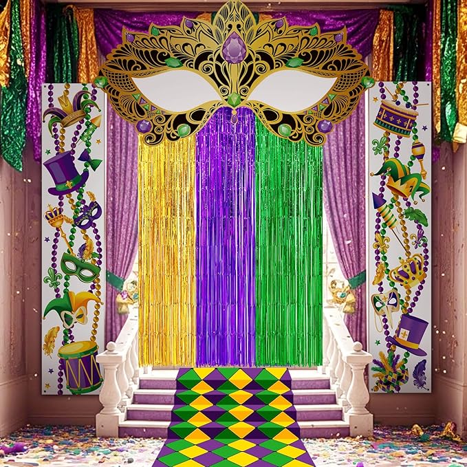 VitalCozy 7pcs Mardi Gras Party Decorations Masquerade Mask Party Banners Purple Green Gold Foil Fringe Backdrop Curtains ...