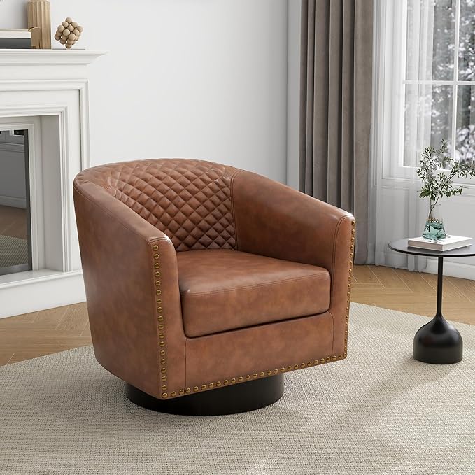 UIXE Faux Leather Swivel Accent Chair, Barrel Club Chair Modern Upholstered Armchair for Living Room, Comfy Single Sofa Bedroom Side Reading Seat - Brown