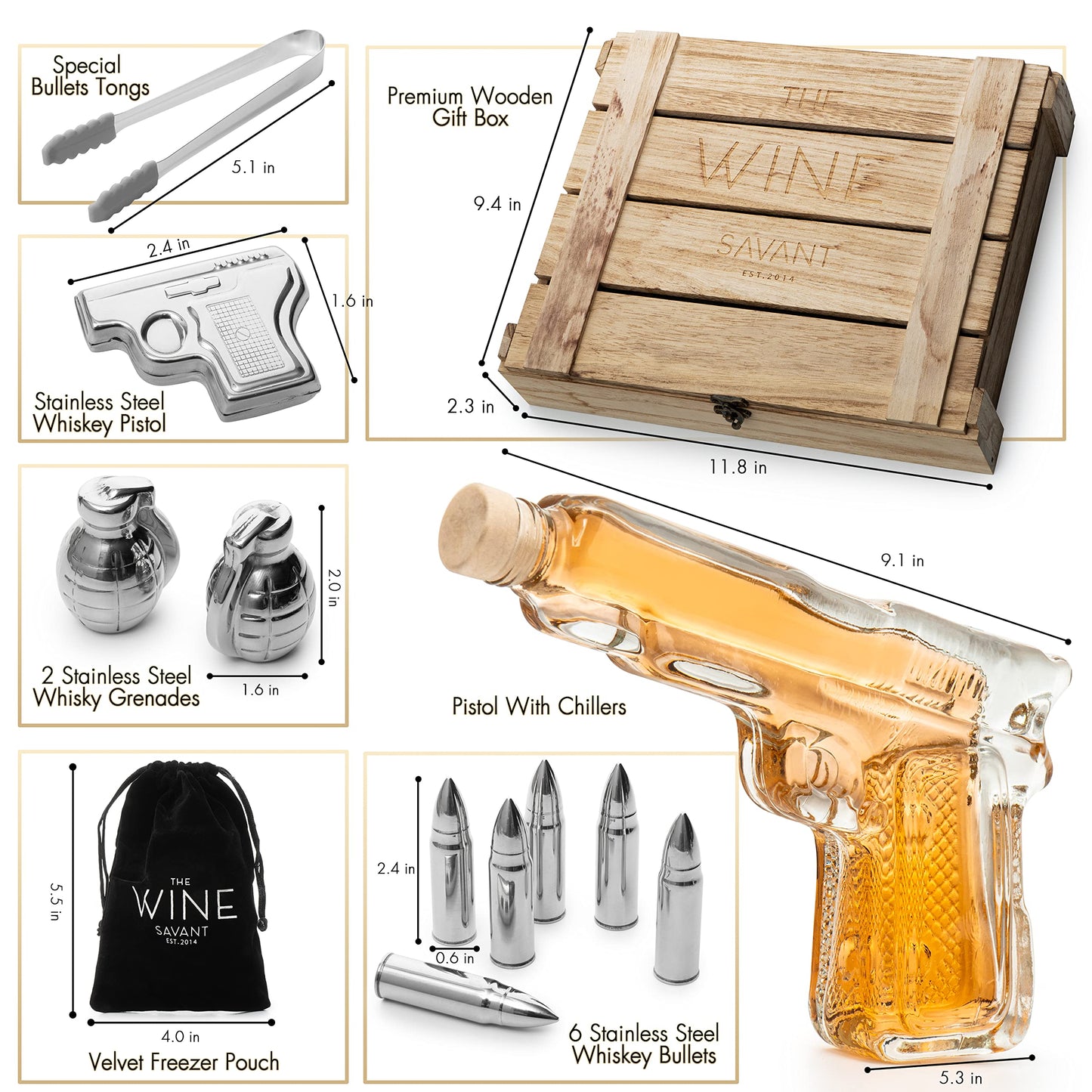 Gifts for Men Dad, Whiskey Decanter Set - 9 Oz with Two 2 Oz Glasses + Bullet Chillers Gun Birthday, Home Bar, Drinking Military Present Dispenser, Him Husband, Bar