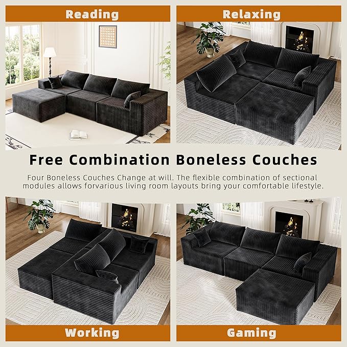 CABZOON 110" Cloud Couch Sectional for Living Room L-Shape Boneless Couches Modular Sectional Sofa with Deep Seat with Chaise,No Assembly Required,Carbon Black(Plush Corduroy Fabric)