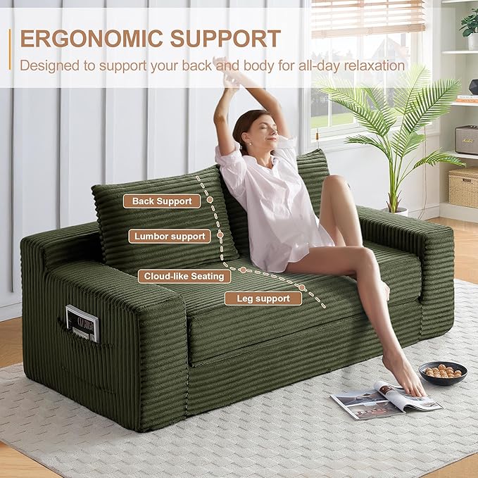 73" Convertible Sofa Bed, 2 in 1 Folding Couch Bed, Boneless Couch in a Box, Cloud Loveseat Sleeper, Fold Out Comfy Floor Futon Sofa with 2 Pillows for Living Room Bedroom, No Assembly (Green, 73")