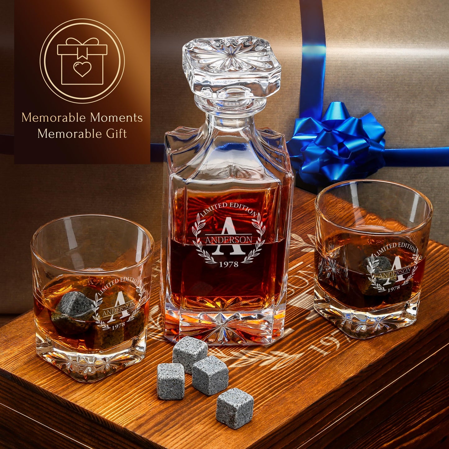 Personalized Whiskey Decanter and Stones Set - Customized Gift for Him - Men, Dad, Father - Engraved Classic Decanter, Glasses, 9 Granite Stones in Container, Coasters, Tongs in Wooden Gift Box