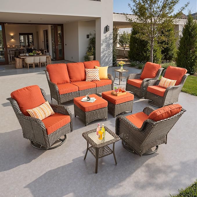 ovios 9 Pieces Patio Furniture Set, Outdoor Wicker Sofa Couch with Swivel Chairs Ottomans Comfy Cushions, High Back Modern All Weather Conversation Sets, Brown Rattan, Orange Red