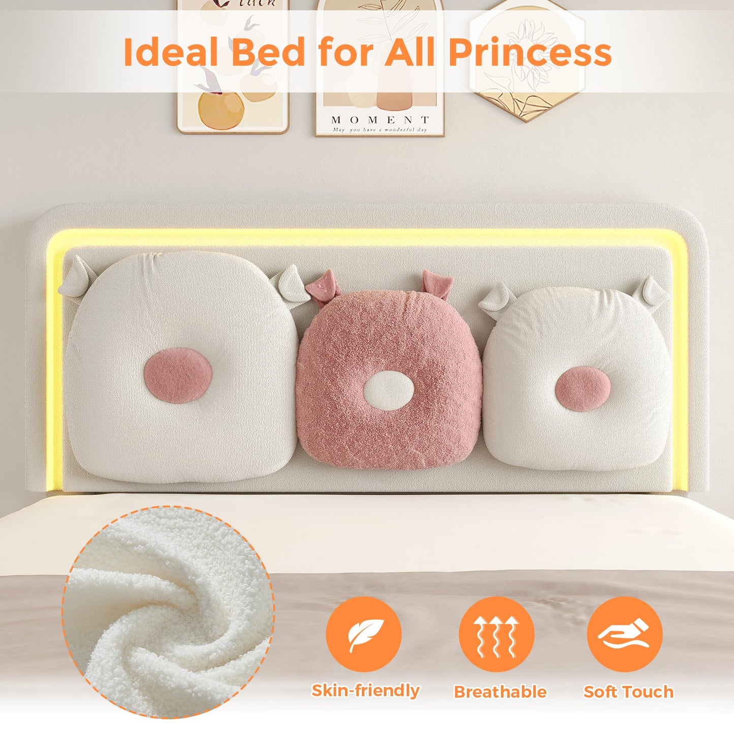 Full Bed Frame with Boucle Upholstered Headboard, Girls Bed, Solid Wood Slats Support, Fully Upholstered Mattress Foundation/No Box Spring Needed/Easy Assembly, White Full Size Bed Frame