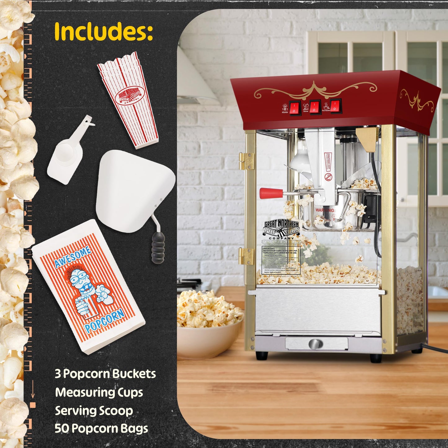 Matinee Popcorn Machine - 8oz Popper with Stainless-Steel Kettle, Reject Kernel Tray, Warming Light, and Accessories by Great Northern Popcorn (Red)