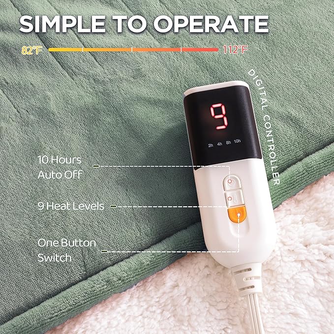 Heated Blanket Full Size - Single Controllers Electric Blanket Full with 9 Heat Settings & 10 Hour Auto Off,Overheat Protection,Machine Washable 72"x84"(Lake Green)