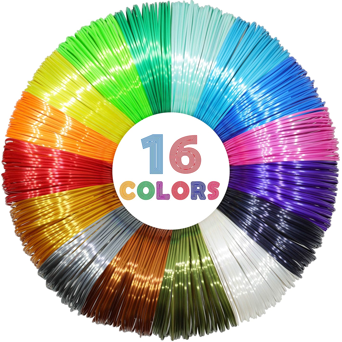MIKA3D 16 Colors Silk Shiny PLA Filament Sample Pack, Each Color 4 Meter Length, Total 64m Silk Shiny PLA 3D Printer 3D Pen Mate