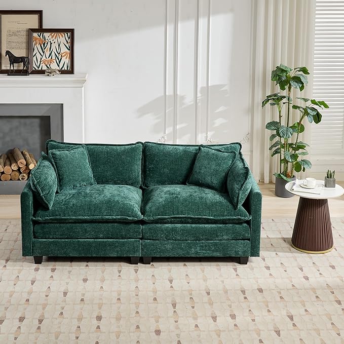 SoarFlash 77.95" Chenille Sectional Sofa, Comfy Modular Loveseat Sofa, Modern 2-Seat Couch Deep Seat Sofa Set for Living Room,Green