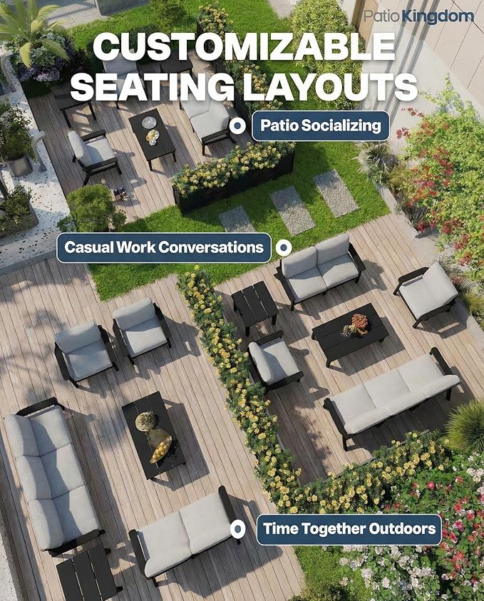 Patio Kingdom 7 Piece Patio Conversation Sets, Outdoor Couch with Washable Thick Gray Cushions, HDPE Patio Furniture Set, Outdoor Sectional Furniture for Backyard, Deck, Lawn, Porch (Black Frame)