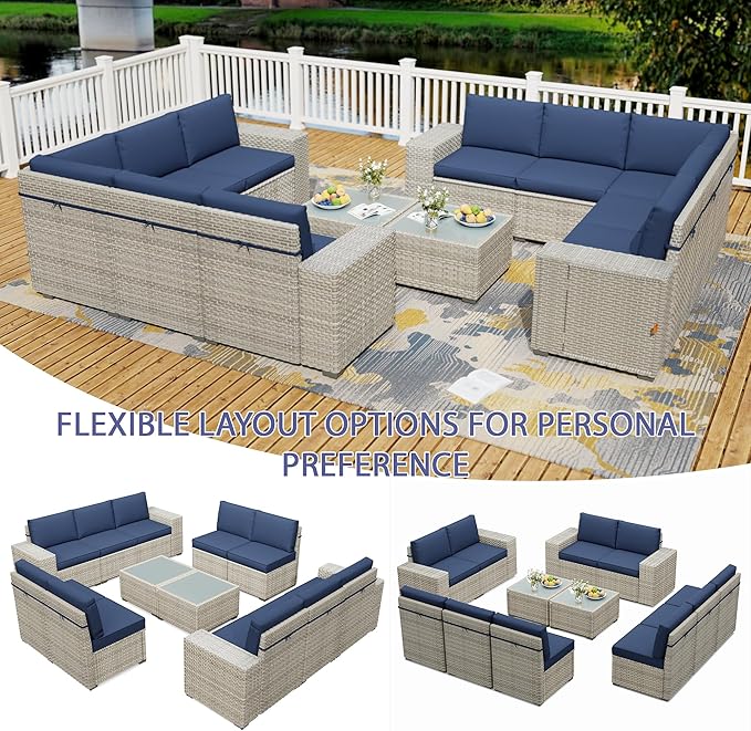Broivira 12 Piece Patio Furniture Set, 9.8" Wide Arm Sectional Sofa with Storage Armrests, All-Weather Rattan Outdoor Conversation Set for Garden, Porch, Lawn, Backyard, Balcony, Blue