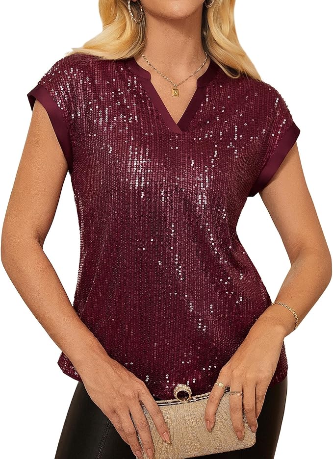 GRACE KARIN Women's Sequin Sparkly Tops Cap Sleeve Dressy Blouses Glitter Party Tops V Neck Disco Shirts Club Concert Outfits