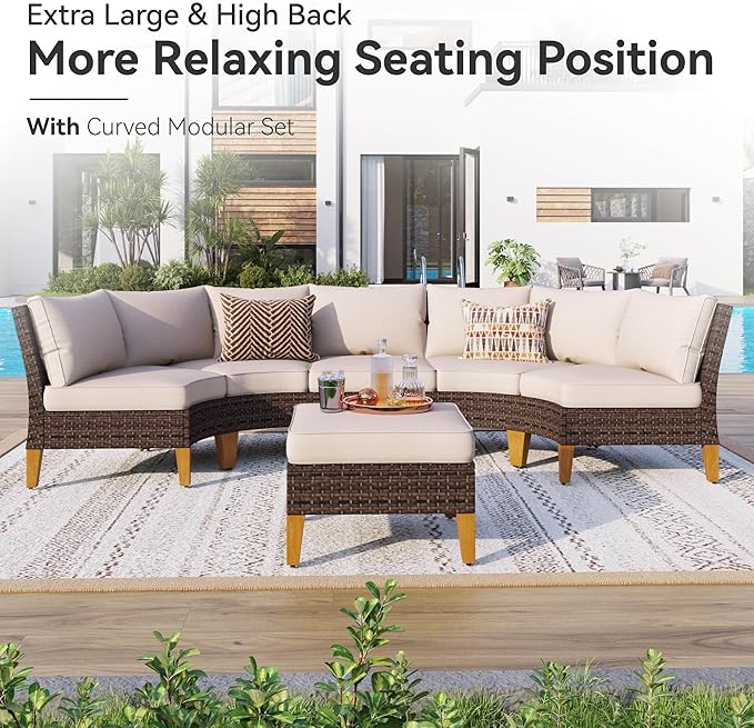 GREEN PARTY 9 Pieces Wicker Patio Furniture Set, All-Weather Outdoor Rattan Half-Moon Curved Patio Sectional Sofa Conversation Set with 4" Thick Cushions for Garden, Backyard, 2 x Ottomans