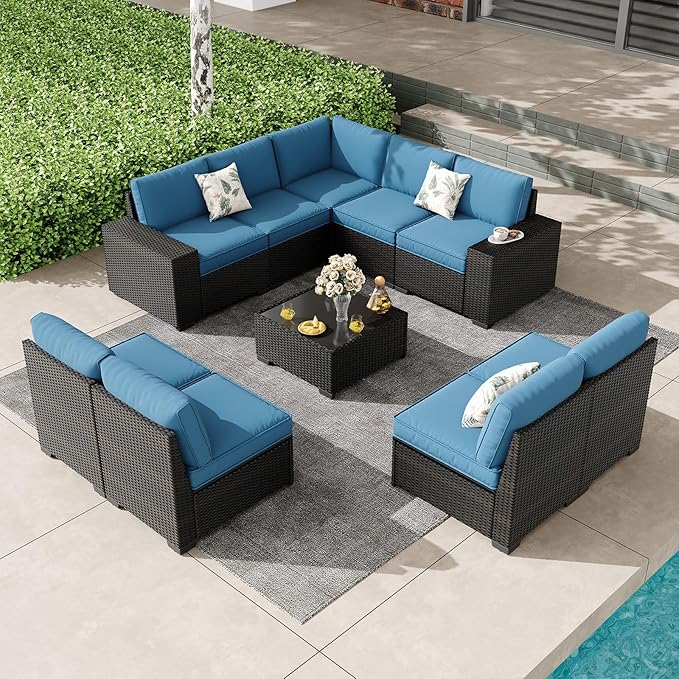 SunloungeCo Patio Furniture Set, 10 Pieces Outdoor Couch Sofa with Wider Armrests & Glass Coffee Table, Outdoor Sectional Furniture with Thick Cushions for Party, Poolside,Garden-Peacock