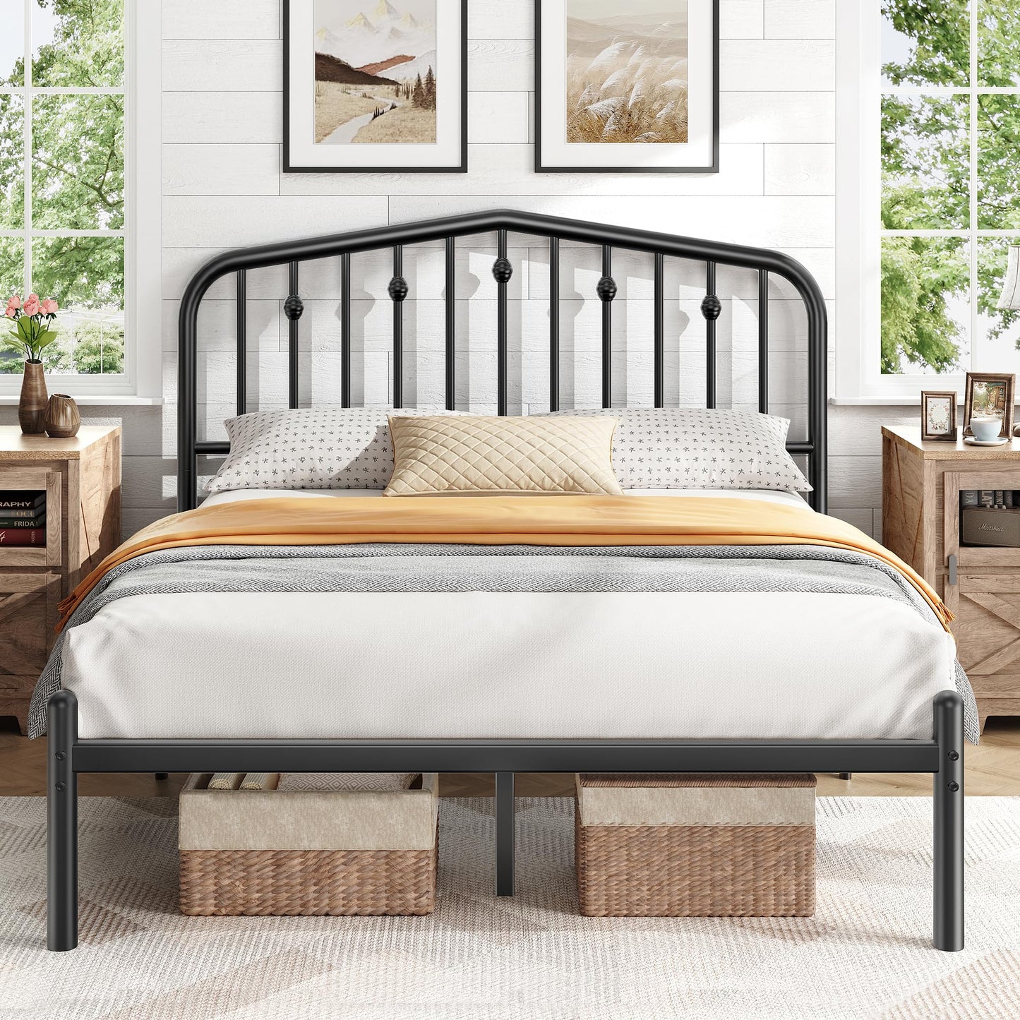 BedsPick 14 Inch Queen Bed Frame, Sturdy Rustic Metal Bed Frame Queen Size, Queen Bed Frame with Headboard and 12.5" Under Bed Space, Curved Corner/No Noise/Easy Assembly/No Box Spring Needed, Black