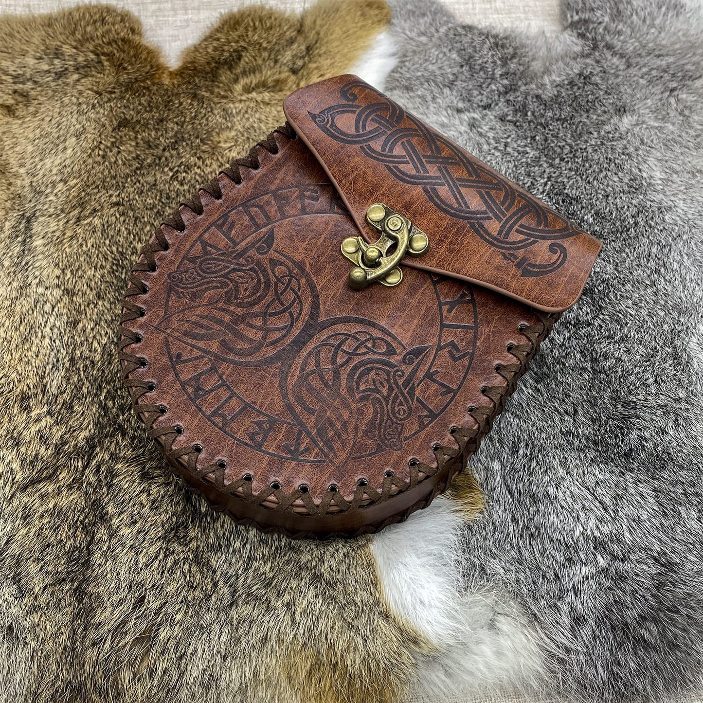 HiiFeuer Viking Fenrir Embossed Buckle Belt and Bag Set, Vintage Faux Leather, Brown