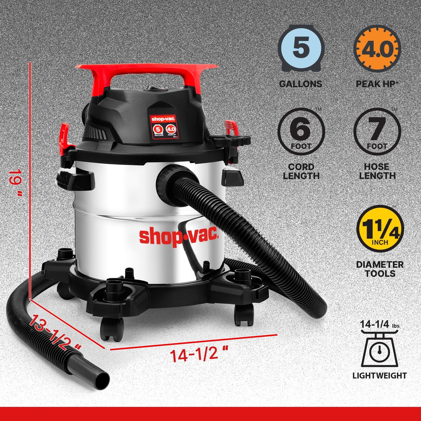 Shop-Vac 5430162 Wet/Dry Vacuum, 5 Gallon, 4 Peak HP, 1-1/4 Inch Diameter x 7 Foot Hose, 6 Foot Cord, Ideal for Jobsite, Garage, Workshop & Home