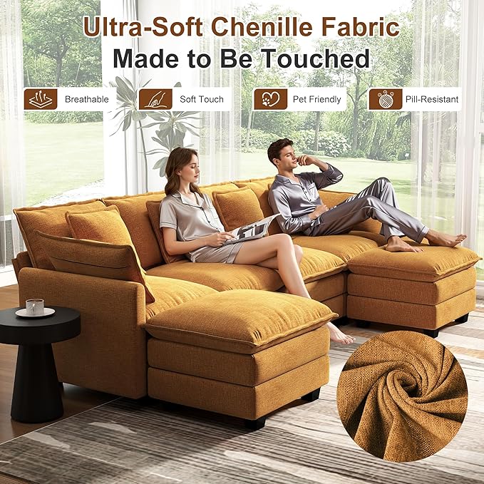 107" Cloud Couch Sectional, U Shaped Modular Sectional Sofa, 4-Seat Deep Seat Couch with 6 Removable Washable Pillows and 2 Ottoman for Living Room, Bedroom, Apartment, Orange