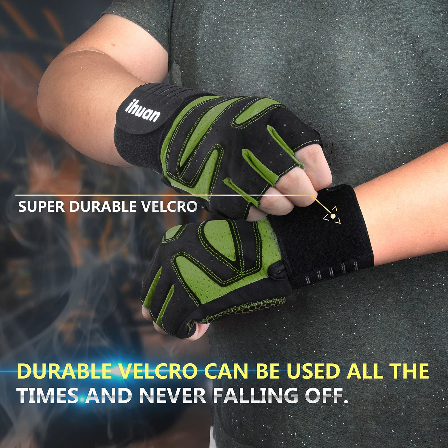 ihuan Ventilated Weight Lifting Gym Workout Gloves with Wrist Wrap Support for Men & Women, Full Palm Protection, for Weightlifting, Training, Fitness, Hanging, Pull ups (Dark Green, S)