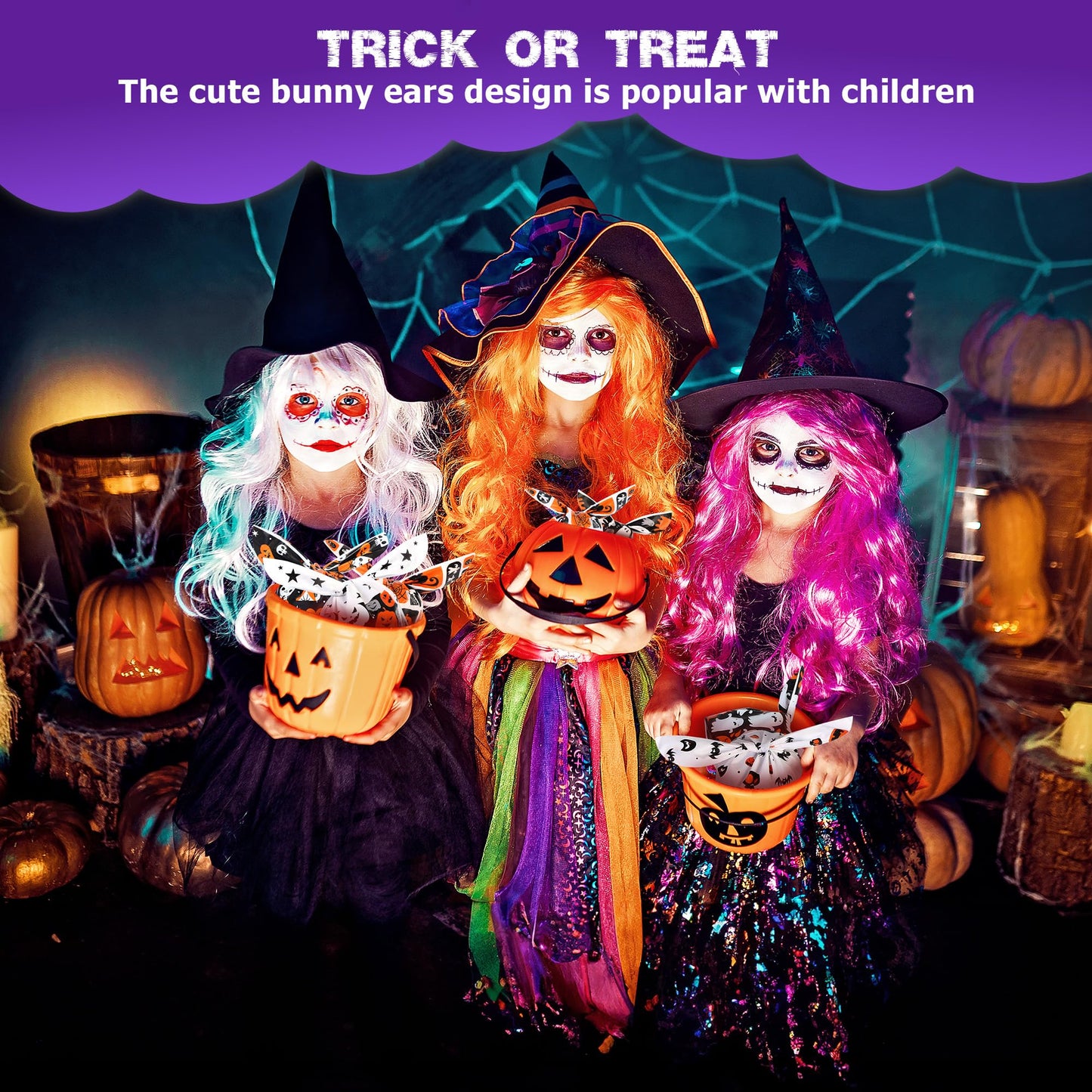 YIHCE Halloween Candy Bags 180 PCS, Cute Rabbit Ear Halloween Treat Bag Bulk, 6 Styles Small Plastic Goodie Bags for Trick or Treat, Pumpkin & Ghost Elements, Party Favor for Party Supplies