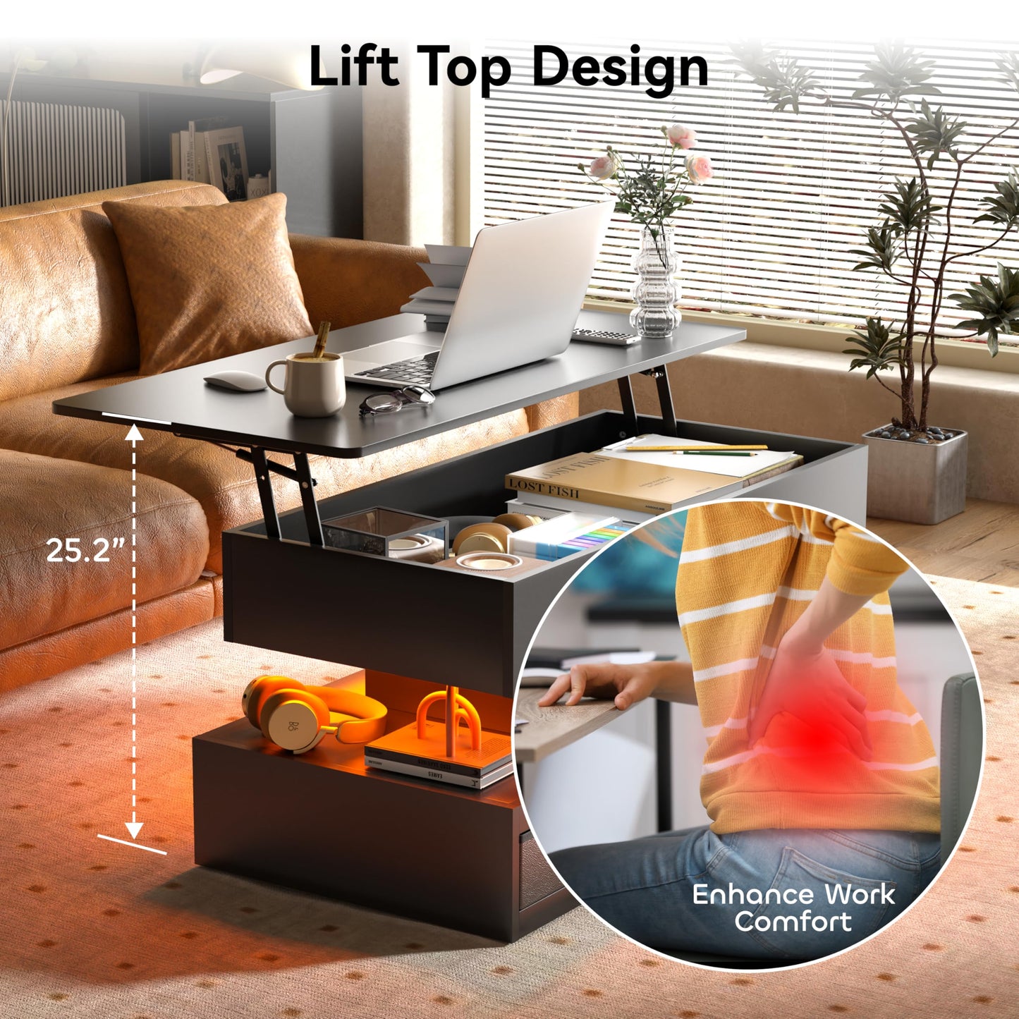 Oransail 40" Lift Top Coffee Table with 3 Fabric Drawers and Hidden Compartmen, LED Coffee Table, Farmhouse Coffee Tables for Living Room, Dining Room