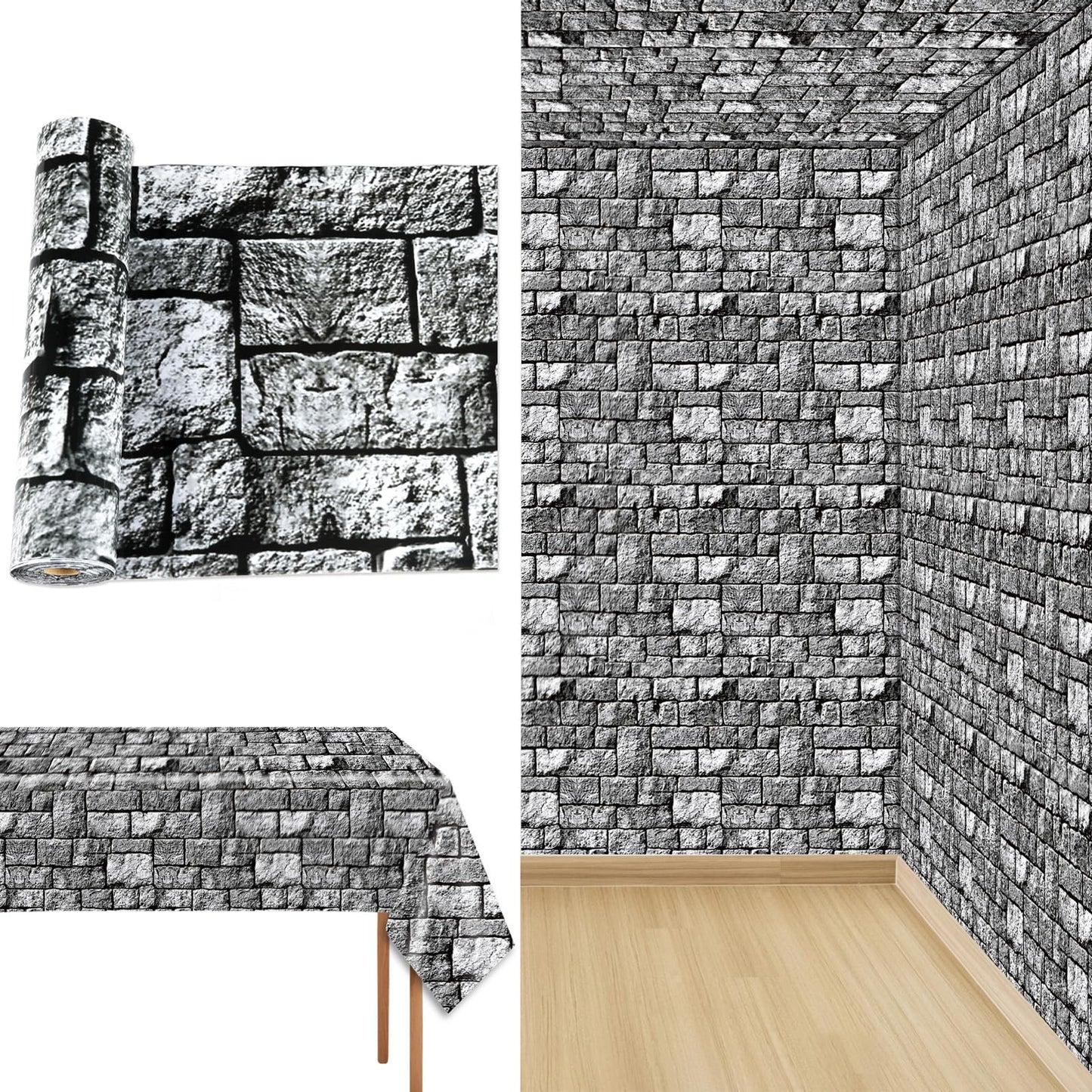 party greeting Brick Stone Wall Tablecloth Roll 100FT x 51 Inch Disposable Stone Wrapping Plastic Table Covers Roll Castle Knight Themed Backdrop for Halloween Birthday Medieval Party Decoration