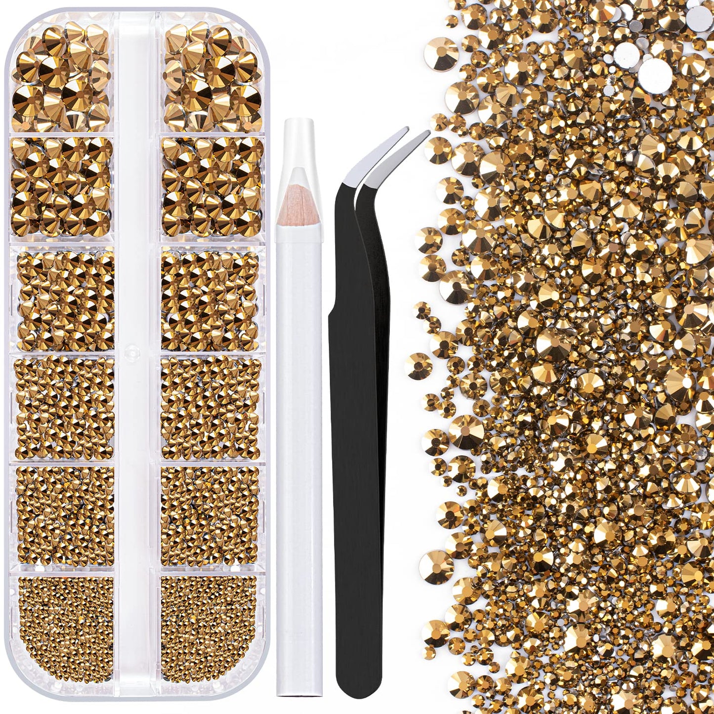 One Pack 2000 Pcs of Flatback Round Mineral Gold Rhinestones 6 Sizes (1.5-6 mm) with Nail Art Rhinestone Picker Pencil and Tweez