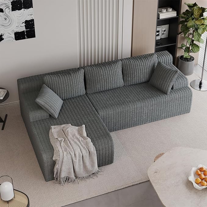 LAUSAINT HOME 96" Modular Sectional Sofa Couches, L-Shaped Boneless Cloud Sofa with 3 Deep Seat, 5 Cushiones Oversized Chaise for Living Room, Bedroom, Plush Corduroy Fabric (Left, Grey)
