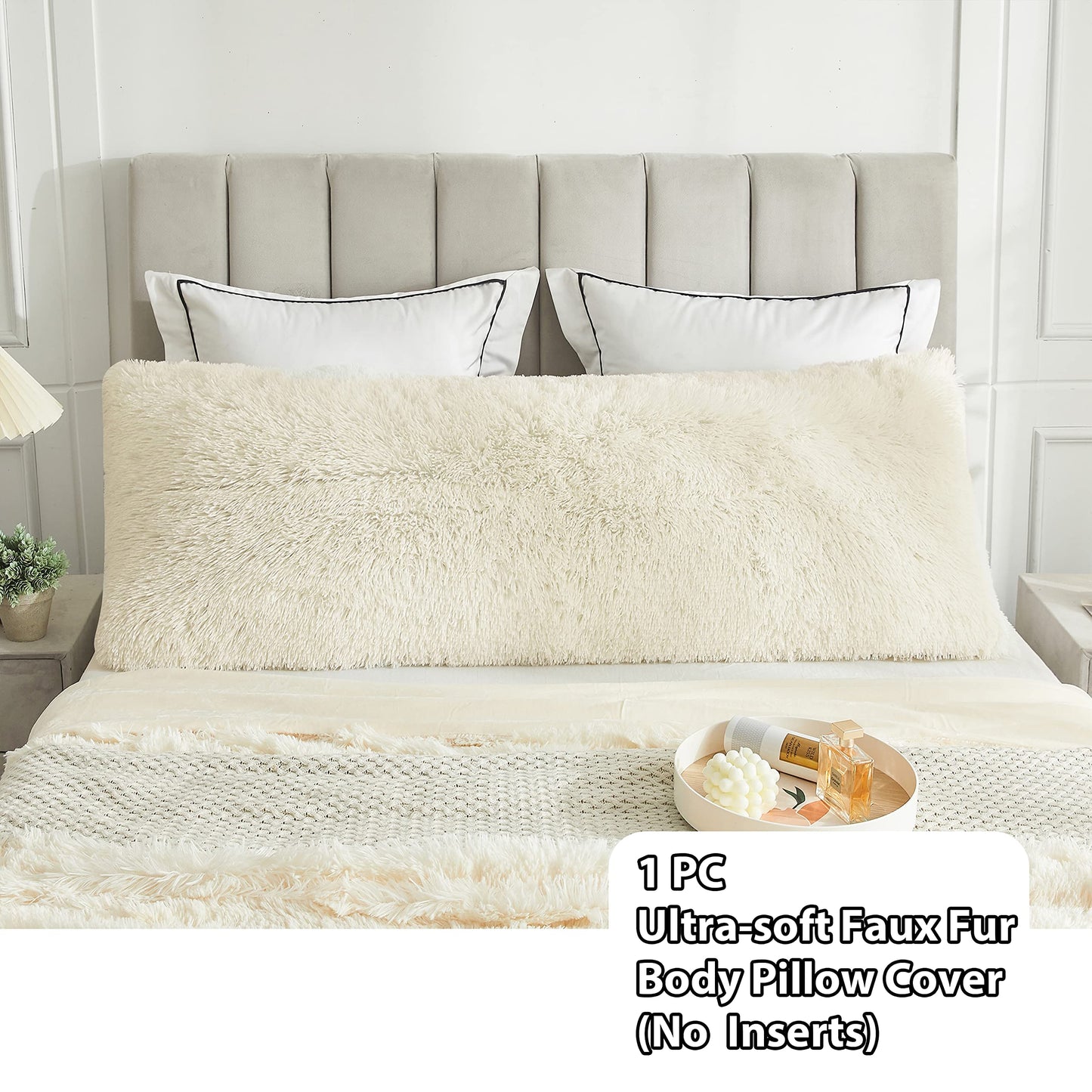 LIFEREVO Off White Body Pillow Cover,Luxury Shaggy Ultra Soft Plush Faux Fur Pillowcase 20"x54" for Bed Couch,Microfiber Long Pillowshams for Pregnant Women/Mother/Wife(Light Beige)