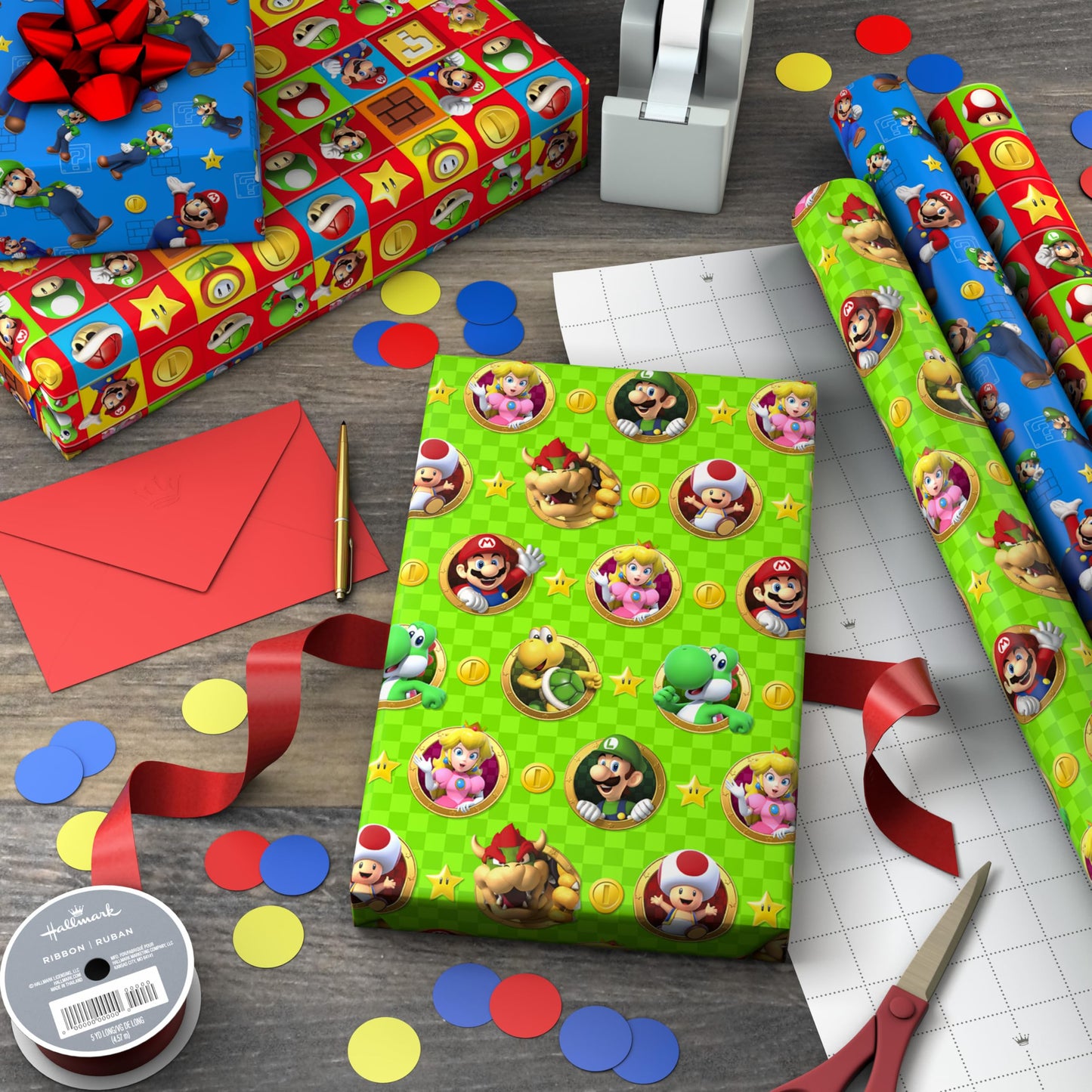 Hallmark Nintendo Super Mario Wrapping Paper Rolls for Kids with Cutlines on Reverse (3 Rolls: 60 Sq. Ft. Total) Mario, Luigi, Yoshi, Bowser, Princess Peach, Toad