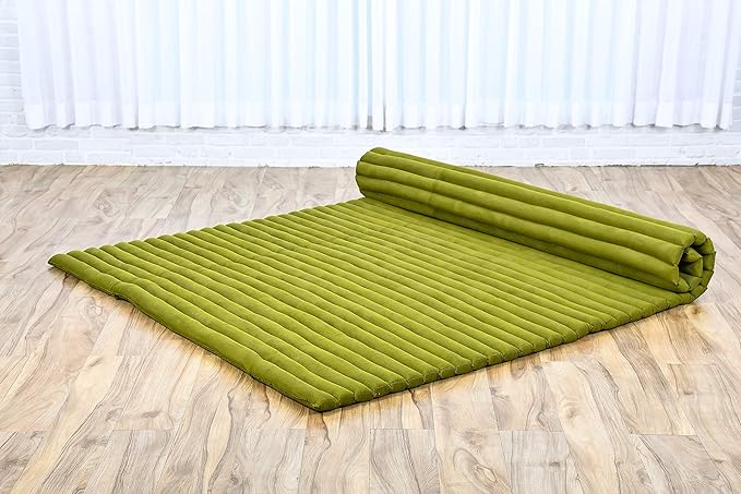 Leewadee - Foldable Floor Mattress - Japanese Roll Up Futon -Trifold Tatami Mat- Guest Floor Bed - Camping Mattress - Thai Massage Mat, Kapok Filled, 75 x 57 inches, Green
