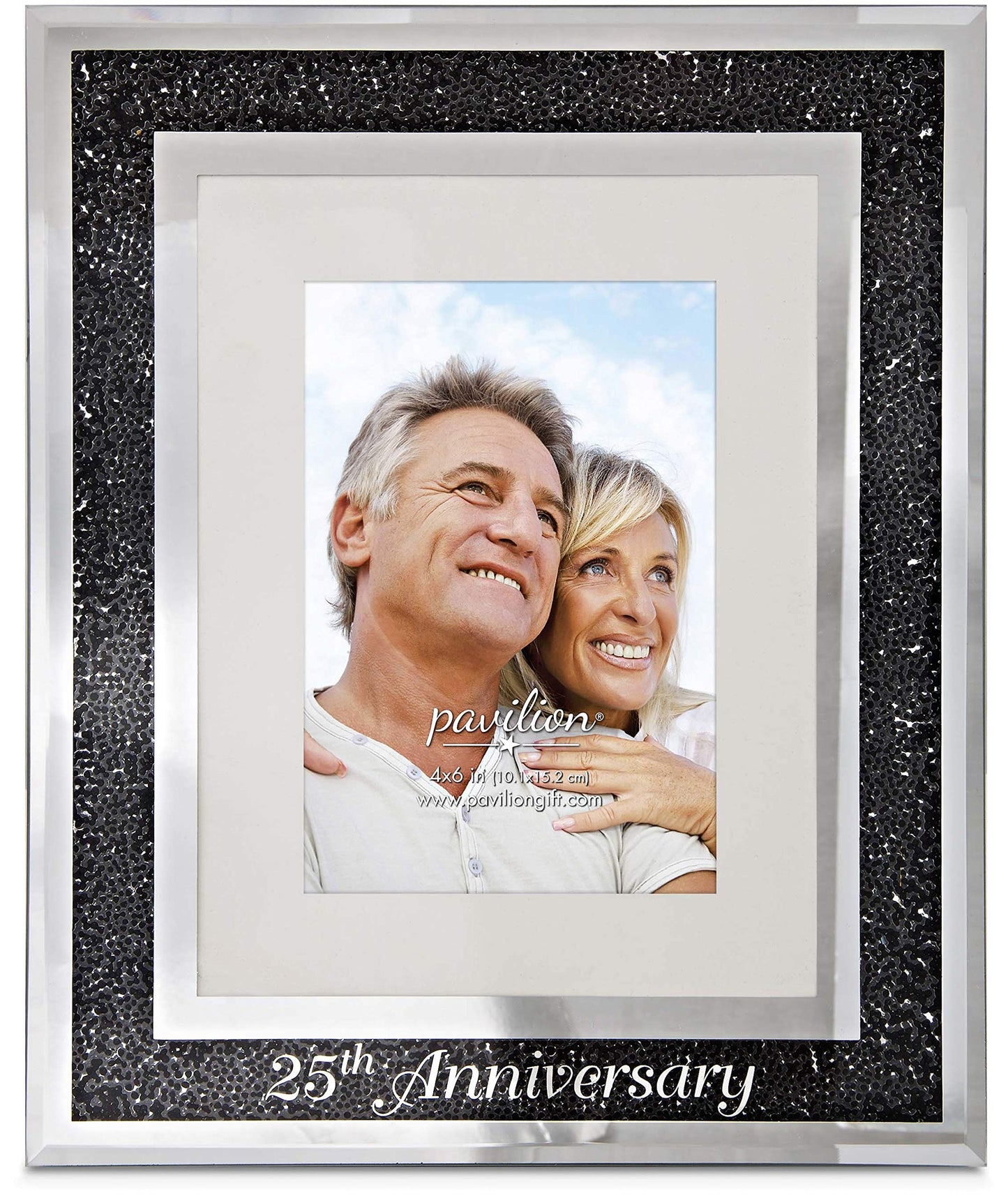 Pavilion Gift Company 85114 Glorious Occasions - 25th Anniversary Black Crystal Mirrored 4x6 Picture Frame,