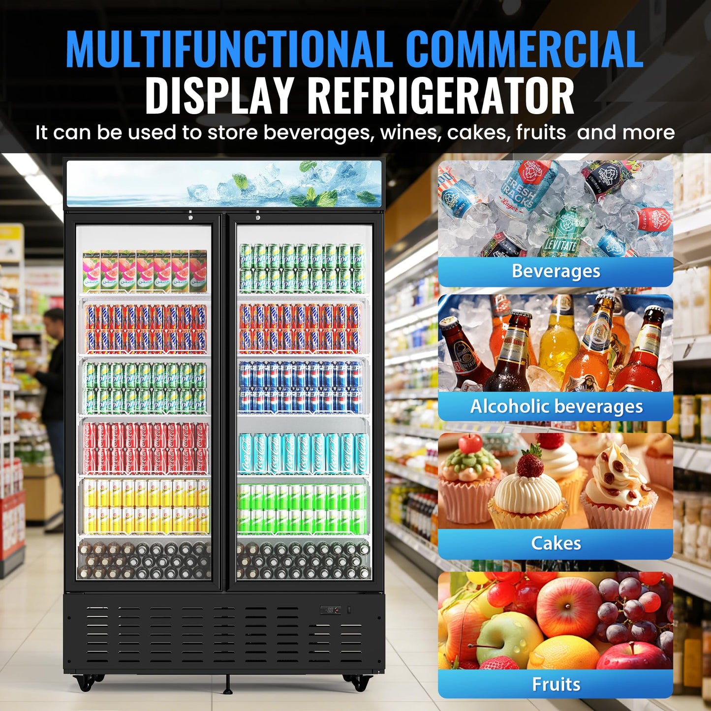 Frostvale 41 Cu.Ft Commercial Display Refrigerator, Black 2 Glass Door Beverage Cooler with Lighted Header, ETL Upright Merchandiser Fridge for Drinks, Soda, Beer, Restaurant, Store