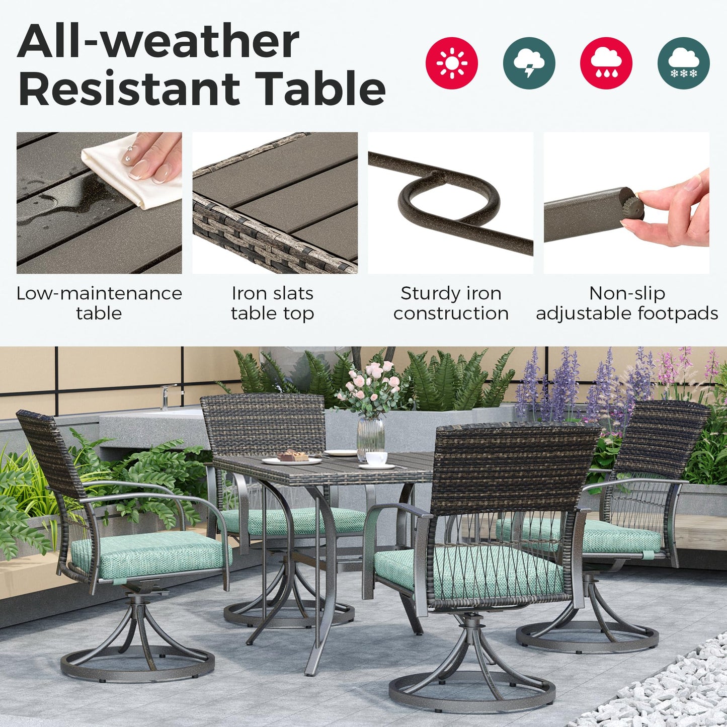 Pamapic 5-Piece Outdoor Dining Set with Swivel Chairs, Rattan Patio Furniture for Backyard, Deck, Garden, Weather-Resistant Iron Slats Table & 4 Chairs with Removable Cushions (Green)