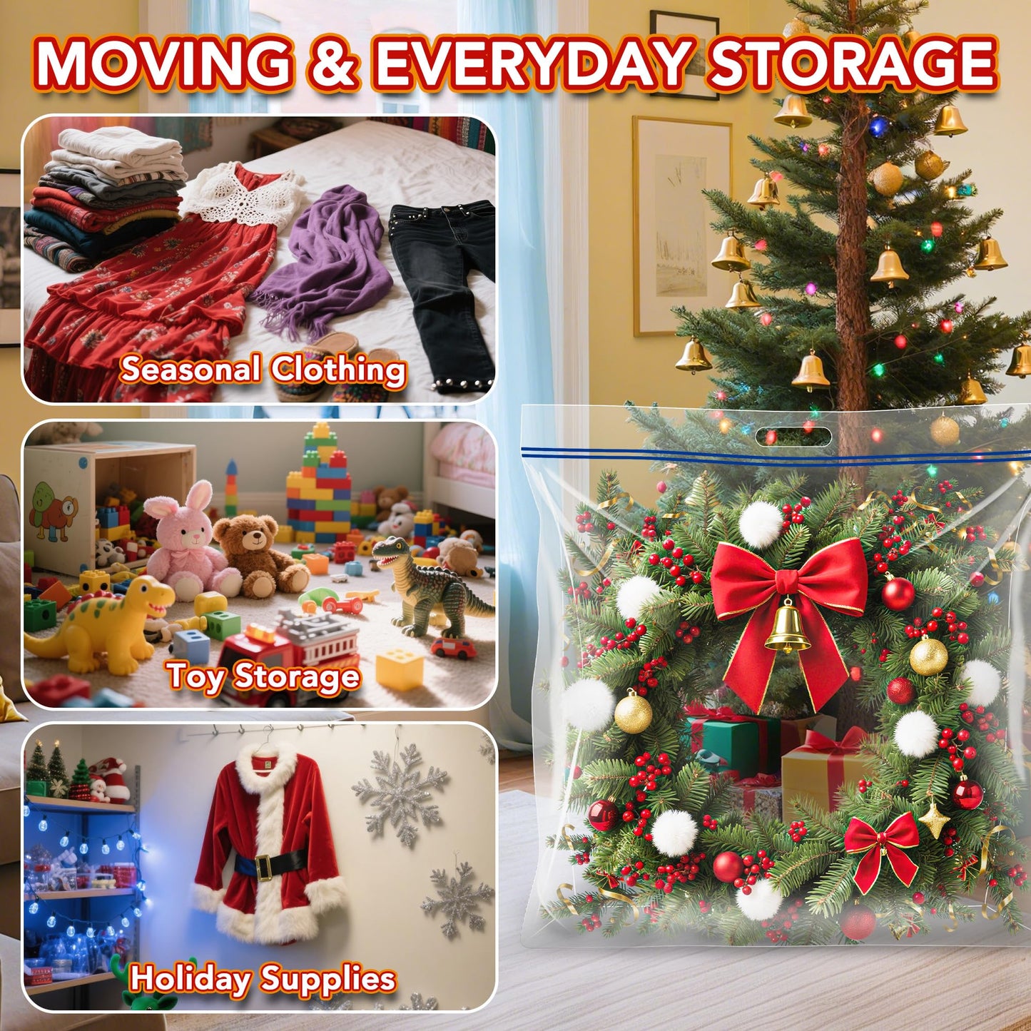 Extra Large Wreath Storage Bag, 34"x34"x8.5", Clear Storage Bag with Handle, Summer Christmas Decoration Garland Container for Seasonal Thanksgiving Holiday Artificial Wreath, 4 Pack