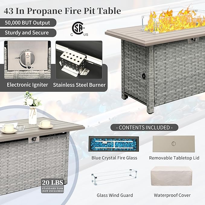 WAROOM Patio Furniture Set 6 Piece Grey Wicker Outdoor Sectional Sofa Balcony Furniture Couch PE Rattan Conversation Sets with Fire Pit Table, Grey Cushion