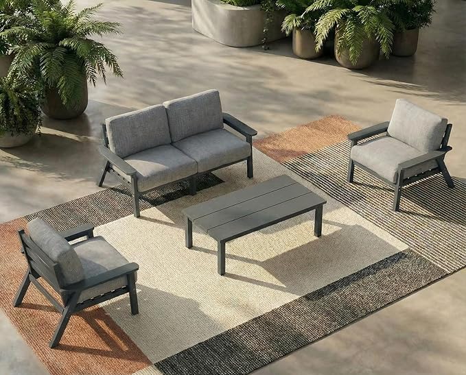 Patio Kingdom Patio Furniture Set with Washable Thick Grey Cushions, Coffee Table & Side Table, HDPE Outdoor Couch, All-Weather Outdoor Sectional Furniture, Patio Conversation Sets (Grey Frame)
