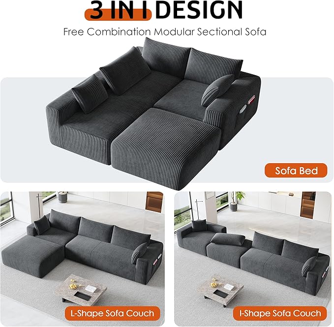 Domiqut 108" Cloud Couch Modular Sectional Sofa for Living Room,L-Shaped Boneless Couch with Deep Seat Chaise,No Assembly Required Foam Sleeper Sofa for Apartments,Plush Corduroy Fabric, Dark Gray