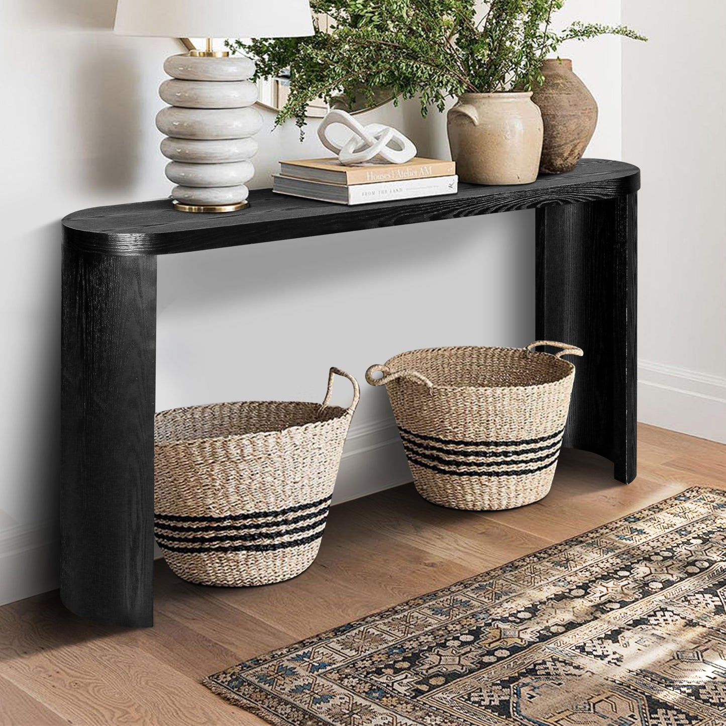 YOPENG Console Table for Entryway, 60" Farmhouse Long Curved Sofa Table Behind Couch, Modern Wooden Entryway Table Foyer Display Table, Narrow Black Tables for Living Room Hallway Entrance Corridor