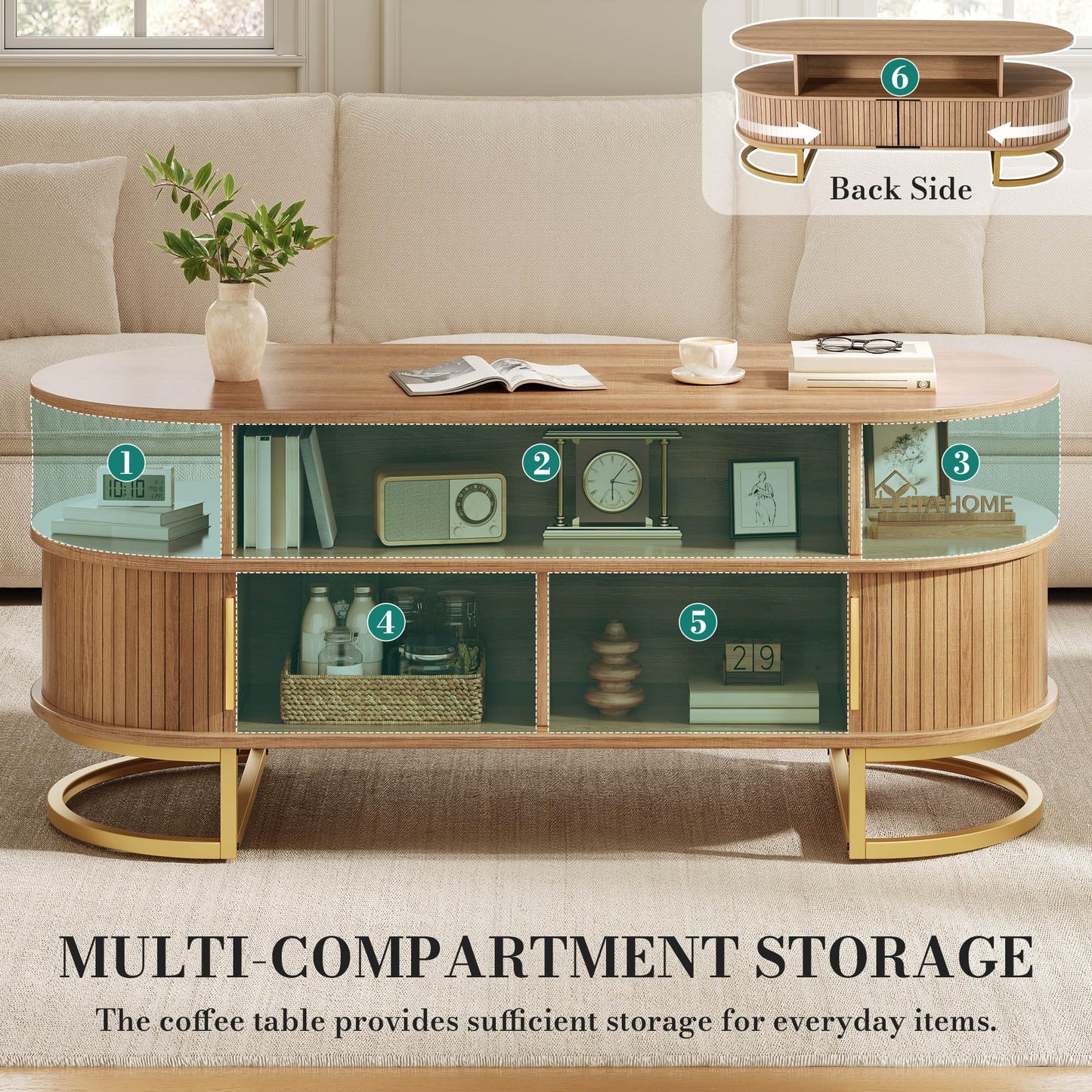YITAHOME Coffee Table, Coffee Tables for Living Room with Sliding Doors & Large Storage, Modern Wooden Coffee Table with Gold Handles, Metal Base for Living Room, Natural Oak