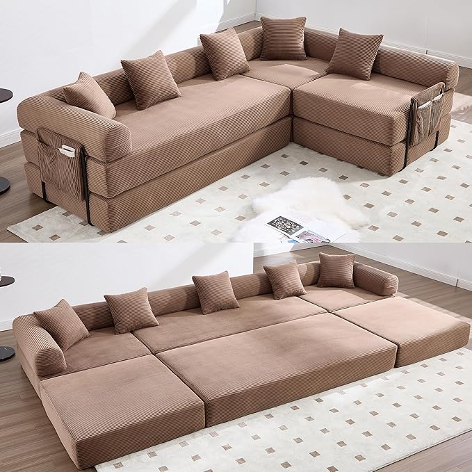 106" Oversized Convertible Sleeper Sofa Bed, Corduroy L Shape Sectional Couch, Folding Sofa Bed with Side Pocket, Modern Cloud Floor Mattress Couch, Modular Sofa for Living Room, Brown