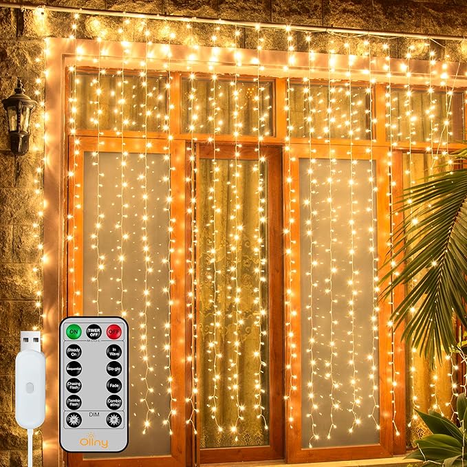Ollny Curtain Lights 6.6x6.6ft, 200 LED String Lights with Remote 8 Modes Dimmable Timer, USB Power Fairy Light for Bedroo...