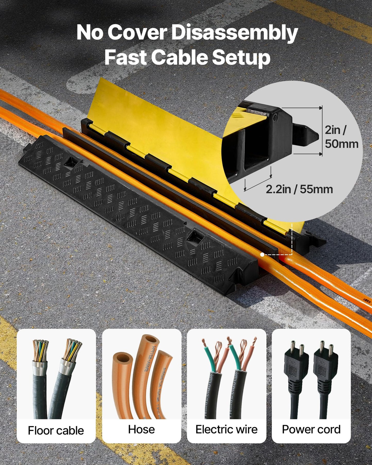 Vevor Cable Protector Ramp, 2 Channel Heavy Duty 39.37 Rubber Cord Hose Wire Cover, 2.2W X 2H Channel Size, Traffic Speed