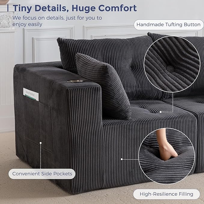 MAXYOYO Modular Sectional Sofa Couch, Loveseat Boneless Cloud Couch for Living Room, Sofa in A Box, Tufted Upholstered Cozy Chair with Cup Holders, No Assembly Required, Grey
