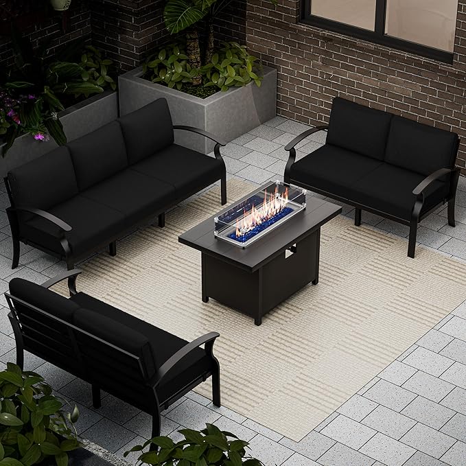 RTDTD Aluminum Outdoor Patio Furniture Set,4 Pieces 7 Seats Patio Conversation Sets with 45" Propane Fire Pit Table,Metal Patio Sectional Furniture Set w/5.1" Cushions for Porch,Deck,Backyard,Black