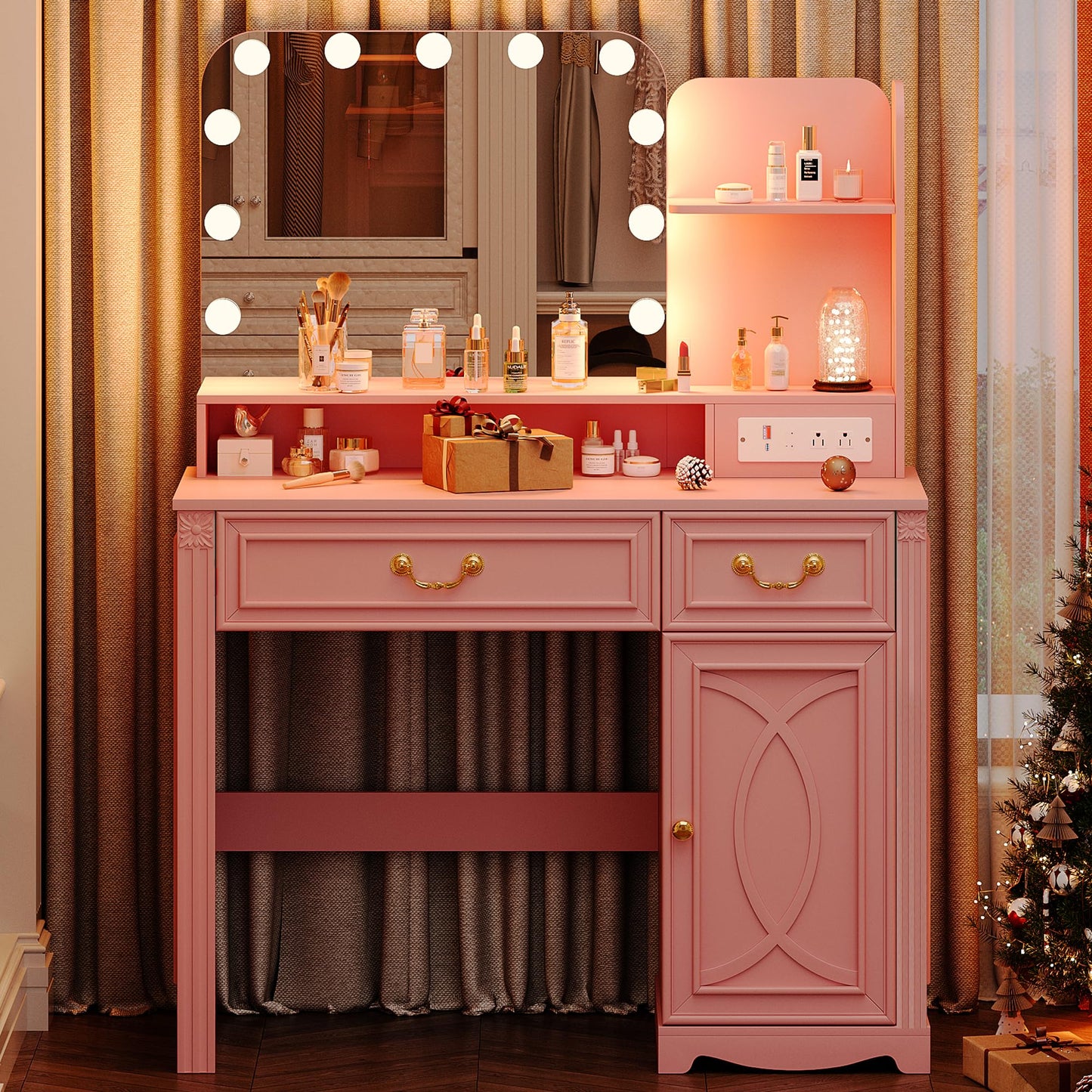 Lareth Makeup Vanity Desk with Lighted Mirror, 39.4 inch Vanity Table with Power Outlet, Bedroom Dressing Table, Adjustable Lights & 1 Cabinet 2 Drawers, Gifts for Teen Girls Women, Light Pink