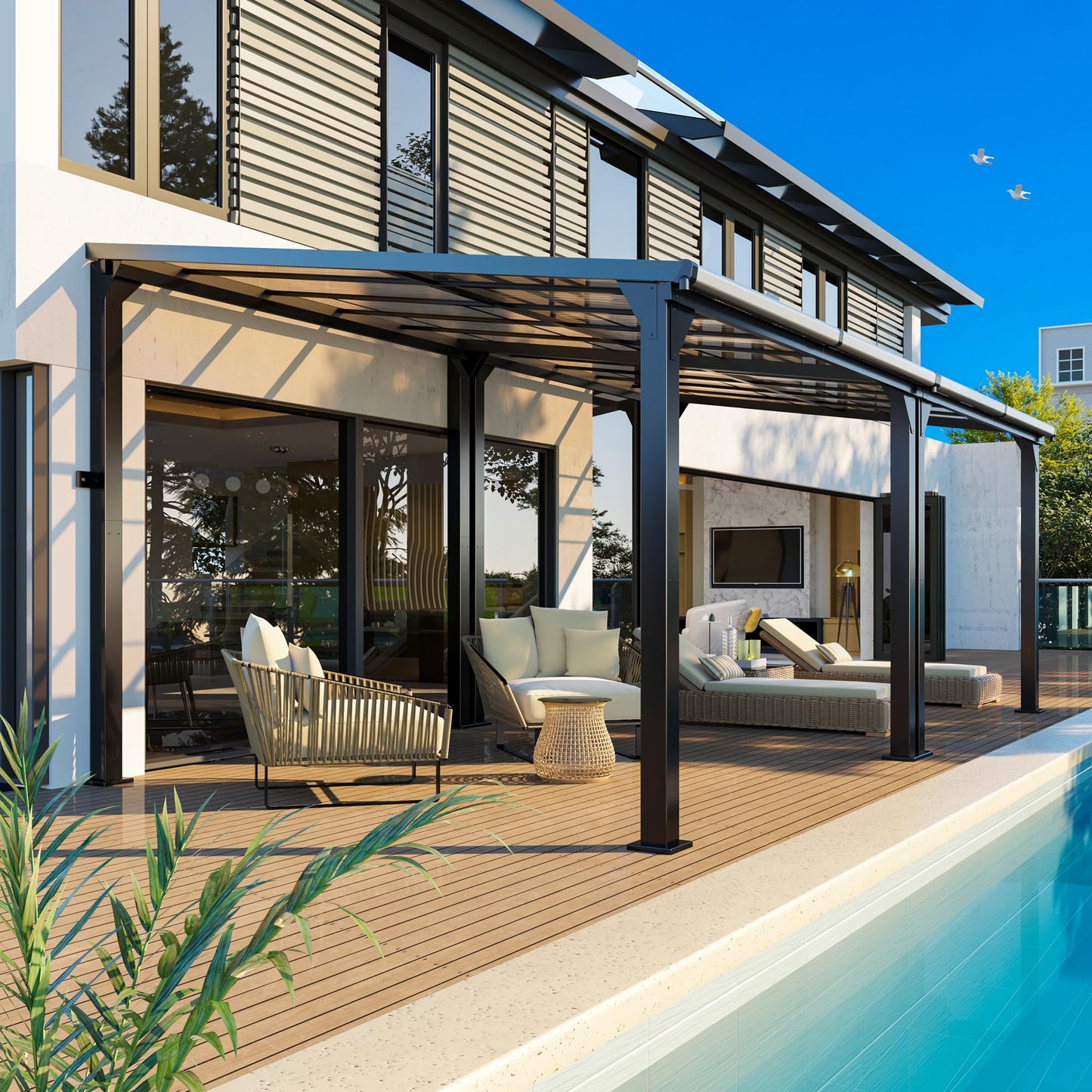 Patiopia 10 * 20FT Pergola,4 * 7 Inch Thickened Pillars & Enlarged Base,Outdoor Hardtop Lean to Gazebo,Wall Mounted Pergola,Pergolas Gazebos Clearance,Aluminum Frame Pergola,UV Resistant Patio Roof