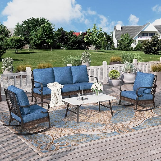 HERA'S HOUSE 4 Piece Metal Patio Furniture Set, All Weather Outdoor Conversation Set with 3 Seat Sofa, 2 Rocking Chairs & Coffee Table, Seats 5 for Backyard, Garden, Deck, Pacific Blue