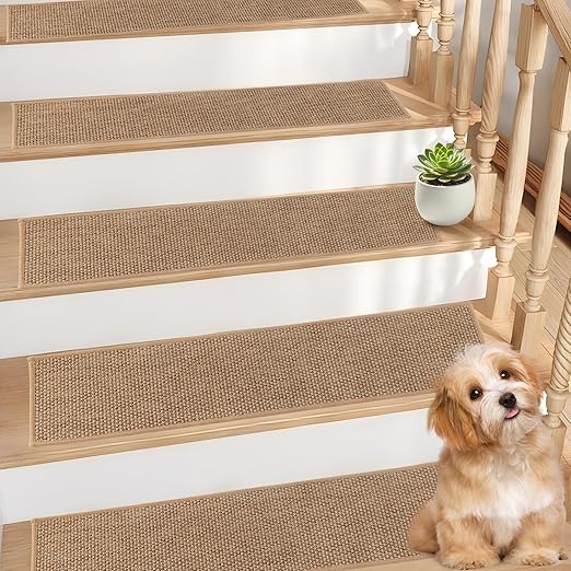 Natural Linen Stair Treads for Wooden Steps, 7 Pcs 8" x 30",Non Slip Stair Runner, Peel and Stick Carpet Indoor for Kids Elders and Pets (7, Beige, 8" x 30")