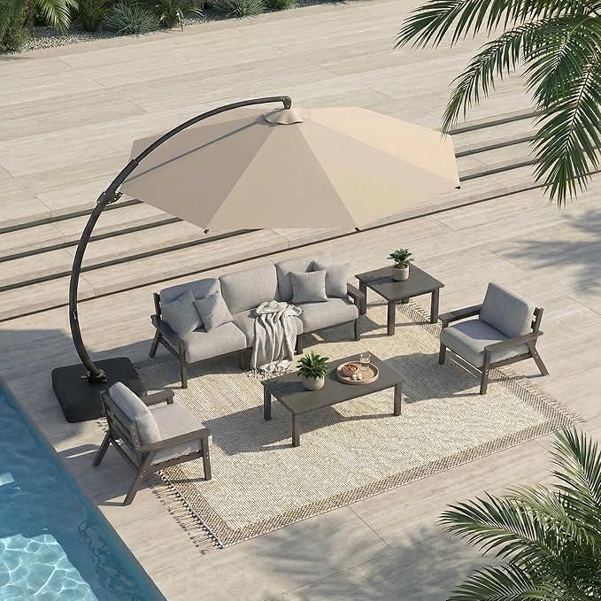 Patio Kingdom 7 Piece Patio Conversation Sets, Outdoor Couch with Washable Thick Gray Cushions, HDPE Patio Furniture Set with 12FT Umbrella, Outdoor Sectional Furniture for Backyard (Grey Frame)