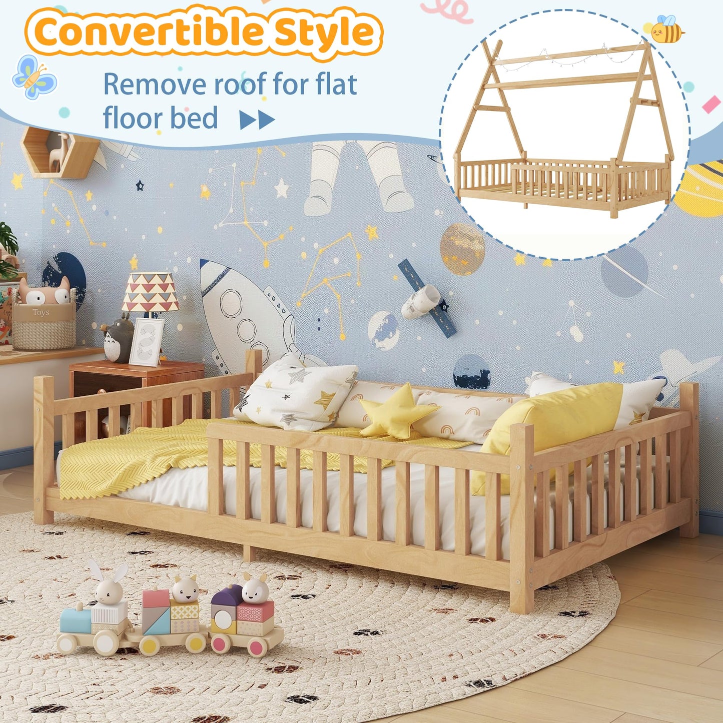 Mirightone Teepee Floor Bed for Kids, Twin Size Tent Beds with Hanging Rack, Detachable Montessori Floor Bed with Slats and Fence Rails, Wood House Bedframe for Boys Girls, Natural